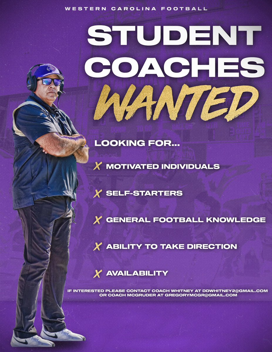 CatamountsFB's tweet photo. 🚨Calling all WCU Students🚨

Are you looking to start your football coaching career, gain valuable experience and build connections?

Check out information below 👀⬇️

#LOTE #BeAChampion #HTG https://t.co/ubXuePoGmK