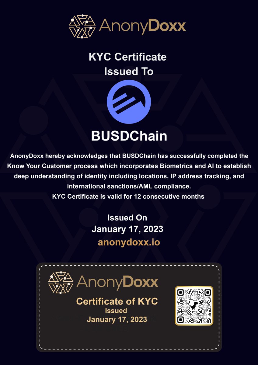Proof of KYC issued to <a href="/BUSDchain/">BUSDchain</a>.  Their CEO has completed our biometric process including AML and identity verification. Welcome to the #ADXX family! 
@justfortokens91 <a href="/RugStops/">Jordan</a>