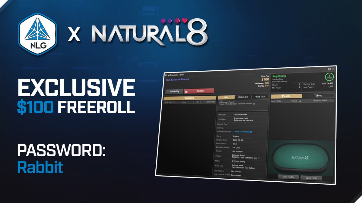 No Limit Gaming (@no_limit_gg) on Twitter photo The password for tonight's edition of the $100 <a href="/natural8/">Natural8 - Best Online Poker and Casino Games</a> freeroll is going to be: Rabbit
Have a fun night of poker and best of luck π
#AllinforNLG The password for tonight's edition of the $100 <a href="/natural8/">Natural8 - Best Online Poker and Casino Games</a> freeroll is going to be: Rabbit
Have a fun night of poker and best of luck π
#AllinforNLG
