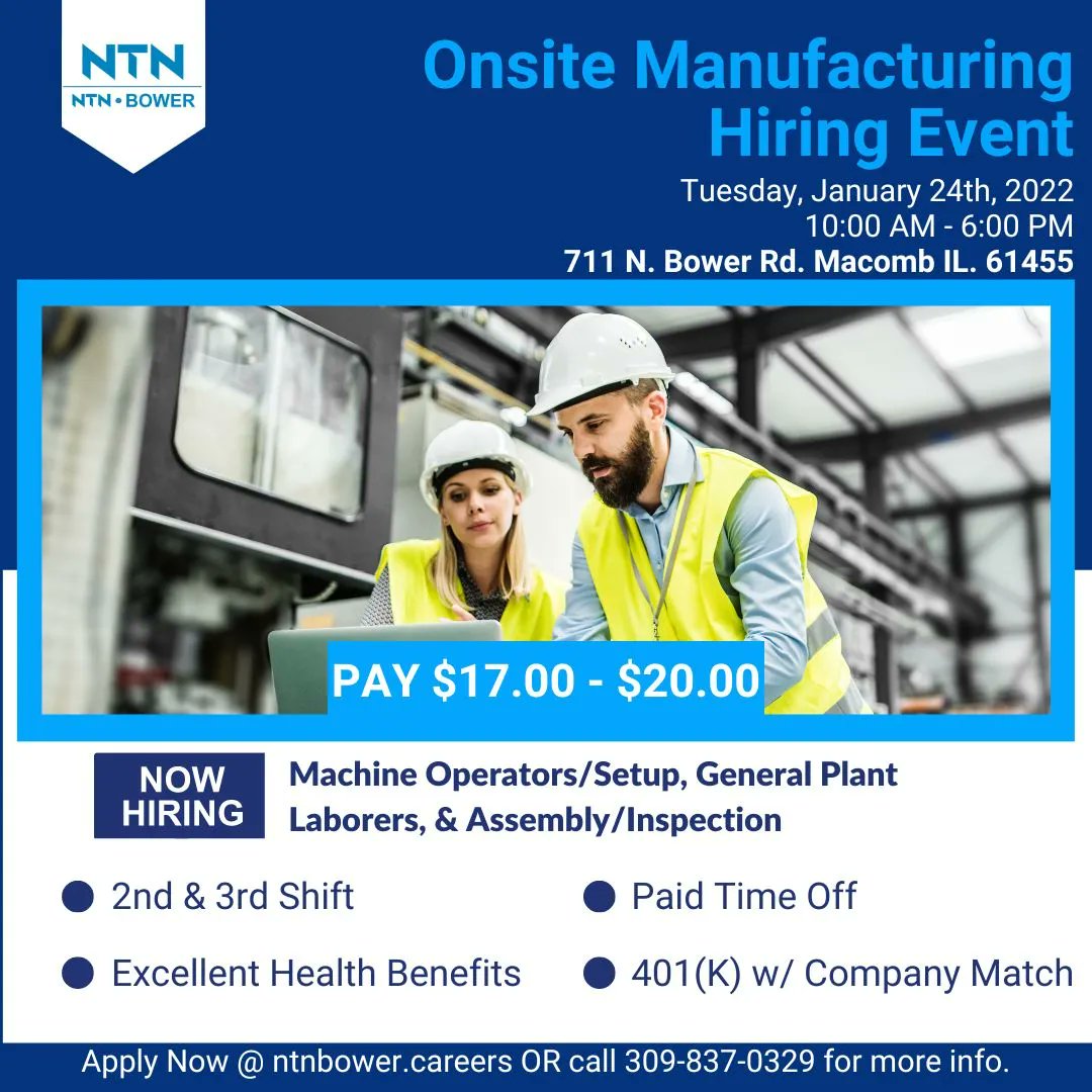 NTNBower's tweet photo. We hope to see you on the 24th for on the spot interviews! It's never too late to make a career change!

#NTNBower #macombil #macomb #macombillinois #manufacturing #hiringevent #jobfair #careerfair #nowhiring https://t.co/JNGbnaLDCP