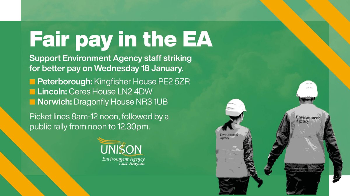 UNISONEastern's tweet photo. Environment Agency staff are walking out tomorrow after being offered just 2% +£345 when inflation's in double digits.

✊ Come along and support them in their first ever pay strike tomorrow in Peterborough, Lincoln or Norwich!

#EAFairPay https://t.co/U5pChOuoOn