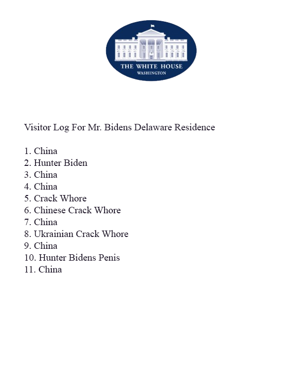 TheGameMeat's tweet photo. I've found the visitor log for @POTUS ' Delaware Residence.  Somebody tell the #WhiteHouse to go into panic mode, @FoxNews will have this soon. https://t.co/bHVgnenwZ2