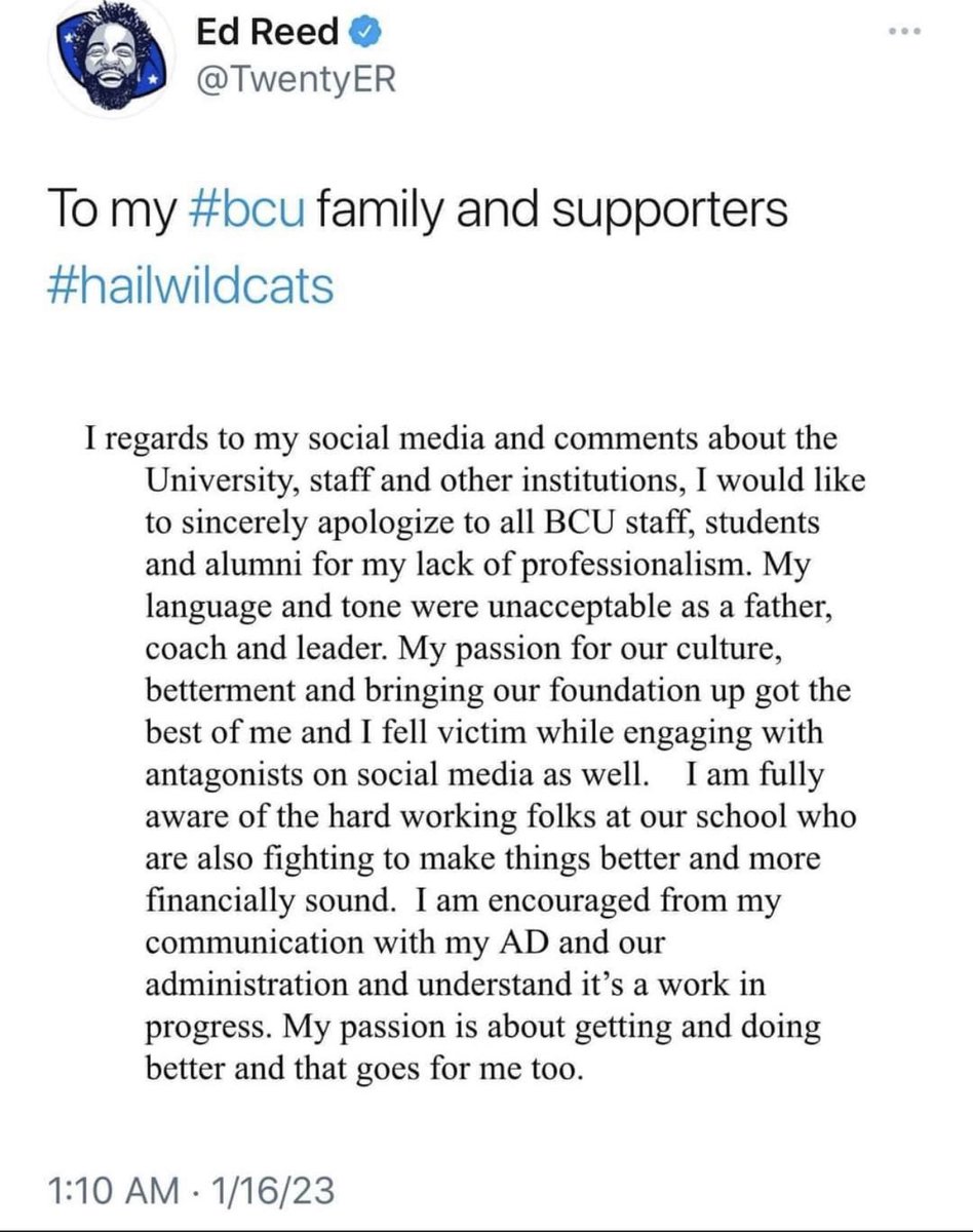 <a href="/TwentyER/">Ed Reed</a> oh we sticking beside you . I was a witness to the football team cleaning the Joe Harris park on  Sunday near the campus. I witnessed this while shopping at the BCU Farmers Market !  I’ll be in contact soon to offer support. #bcu #hailwildcats