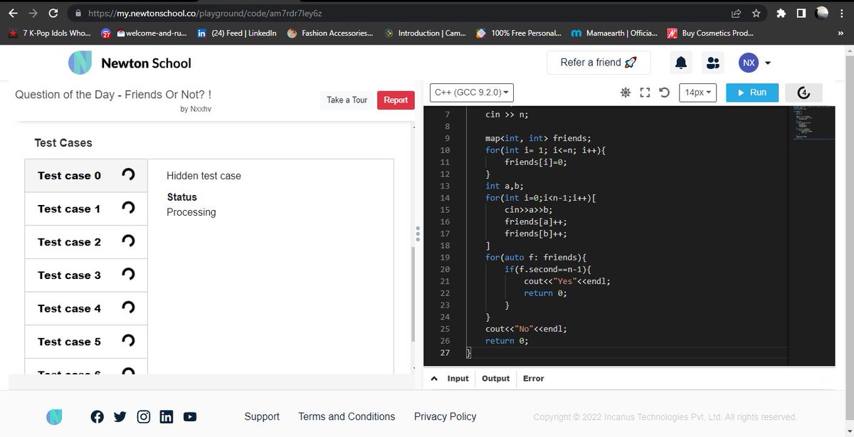 Nxxhv2's tweet image. Today I have solved question Friends or not using #language_used
#Day1 of #30daysofcode @everydaycoders
#community #coding #programming #competitiveprogramming #codingchallenge #dsa #bubbleupcommunity