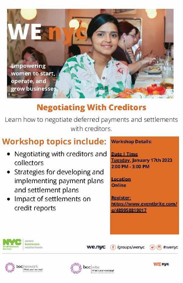 Don't miss our WE NYC Negotiating with Creditors workshop, where we'll delve into how you can repair your credit through negotiating with creditors and collectors! #wenyc #bocnetwork

RSVP: ow.ly/BcM450Mhyhl