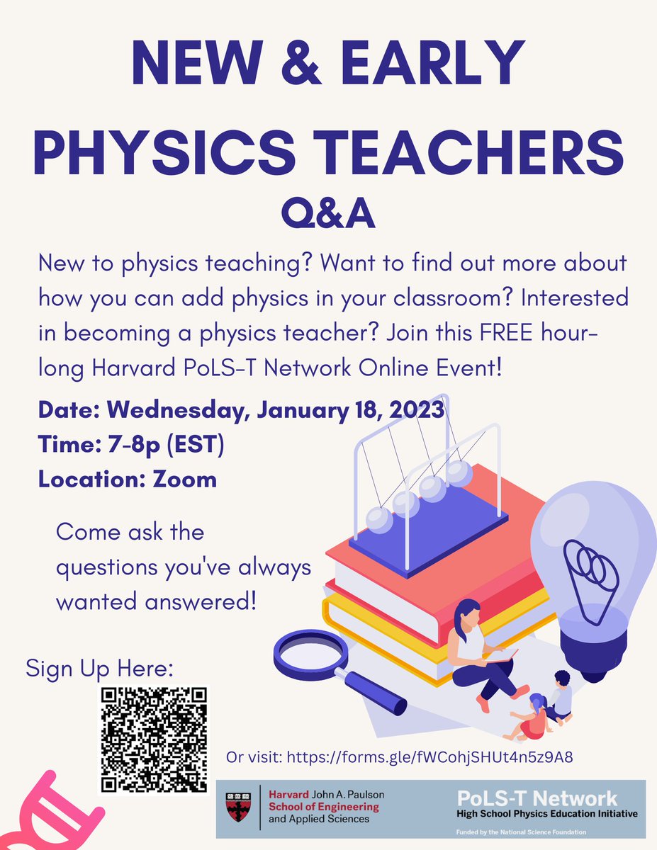First PoLS-T event of 2023 tomorrow!
New &amp; Early HS &amp; MS Physics Educators;
‘What I Wish I Knew - Physics Teacher Q&amp;A’ a Harvard Free Online Event | Wed, Jan 18, 7-8pm EST
Register required
docs.google.com/forms/d/e/1FAI…