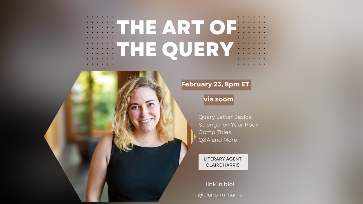 claire_m_harris's tweet image. For any #amquerying writers, I’m hosting a webinar to help authors improve their query letters and avoid the most common mistakes—and I’ll answer any querying questions you might have. 

Click here to sign up: us02web.zoom.us/webinar/regist… 

Can’t wait to see you all there!