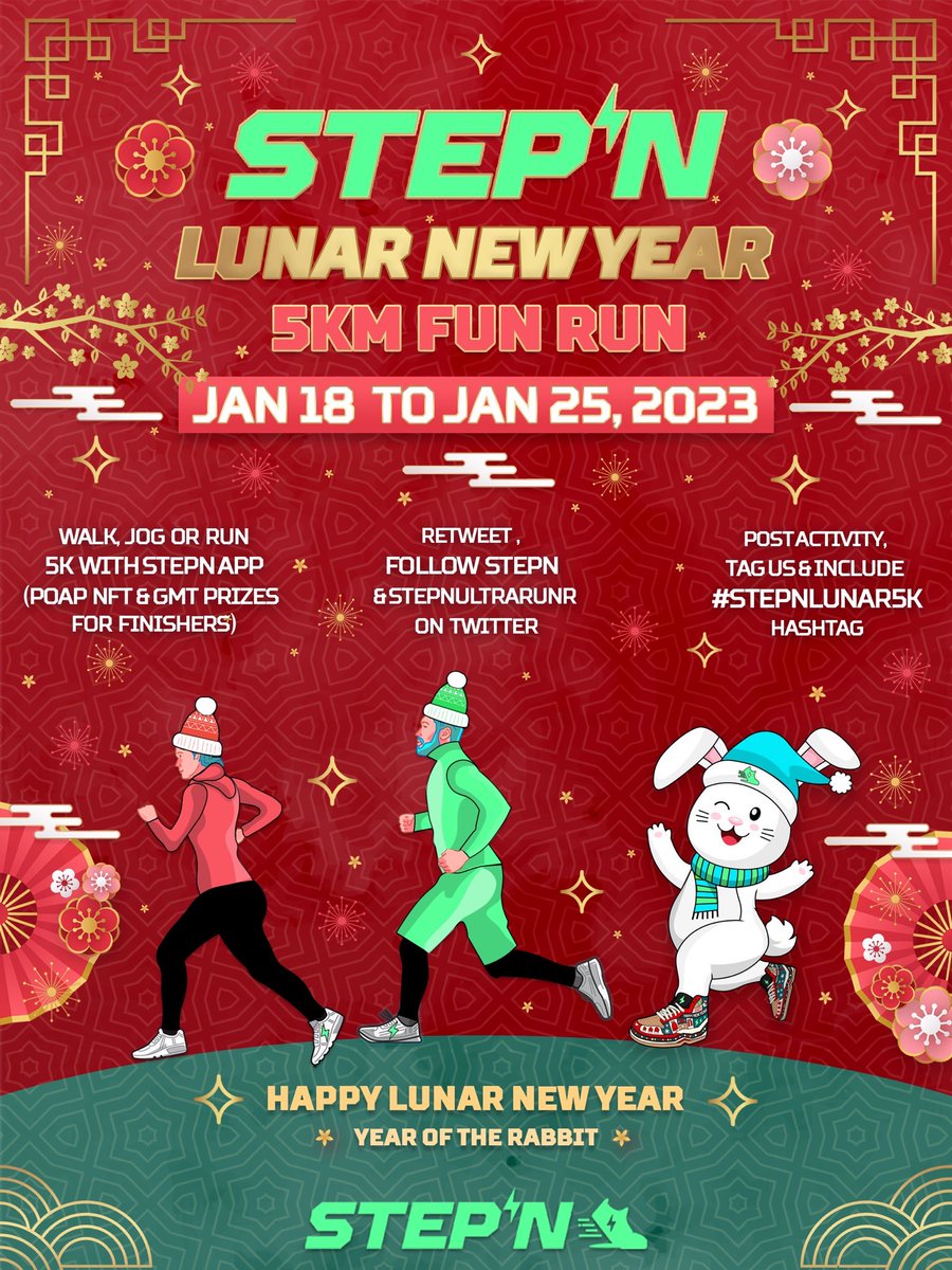 OkayUltraRunner's tweet photo. 🧧@Stepnofficial Lunar 5K - Year of the Rabbit🐇

🚶‍♂️🏃‍♀️Walk, Jog, Run or Hop 5K w/ #STEPN app📱&amp; post proof below in comments👇

🎁300 GMT Prizes (🎟️6 winners of 50 GMT)

🤴👸Lunar King &amp; Queen - Top 5 Fastest 5K Receive @solana NFT

📝Polygon POAP for ALL https://t.co/b3dDv95R7C https://t.co/QvPOIkBE49