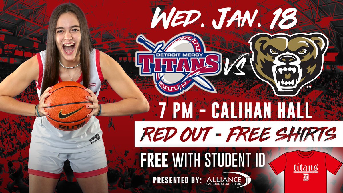 detroittitans's tweet photo. Tomorrow night! @Detroit_WBB hosts Oakland at 7 PM.  It's a red out in Calihan Hall with FREE red shirts at the door! #DefendTheHall #GoTitans ⚔️🏀 https://t.co/yFpsgGvnDk