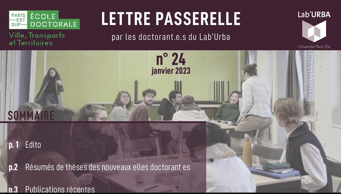 La lettre Passerelle des doctorants du Lab'URBA est en ligne : laburba.com/evenements/eve… @UGustaveEiffel <a href="/eivp_paris/">.</a> <a href="/UPECactus/">UPEC</a> #urbanisme #doctorant #ville #transports #territoire