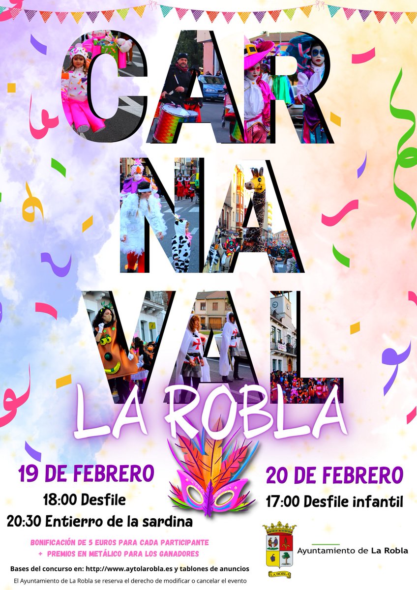 🥳¡¡¡Ya se acerca el Carnaval!!!🥳
Aquí os dejamos las bases del Desfile de Carnaval 2023. Recordad que además de los premios, se bonificará con 5 euros a cada participante ¡¡Tenéis hasta el 15 de febrero para apuntaros!!