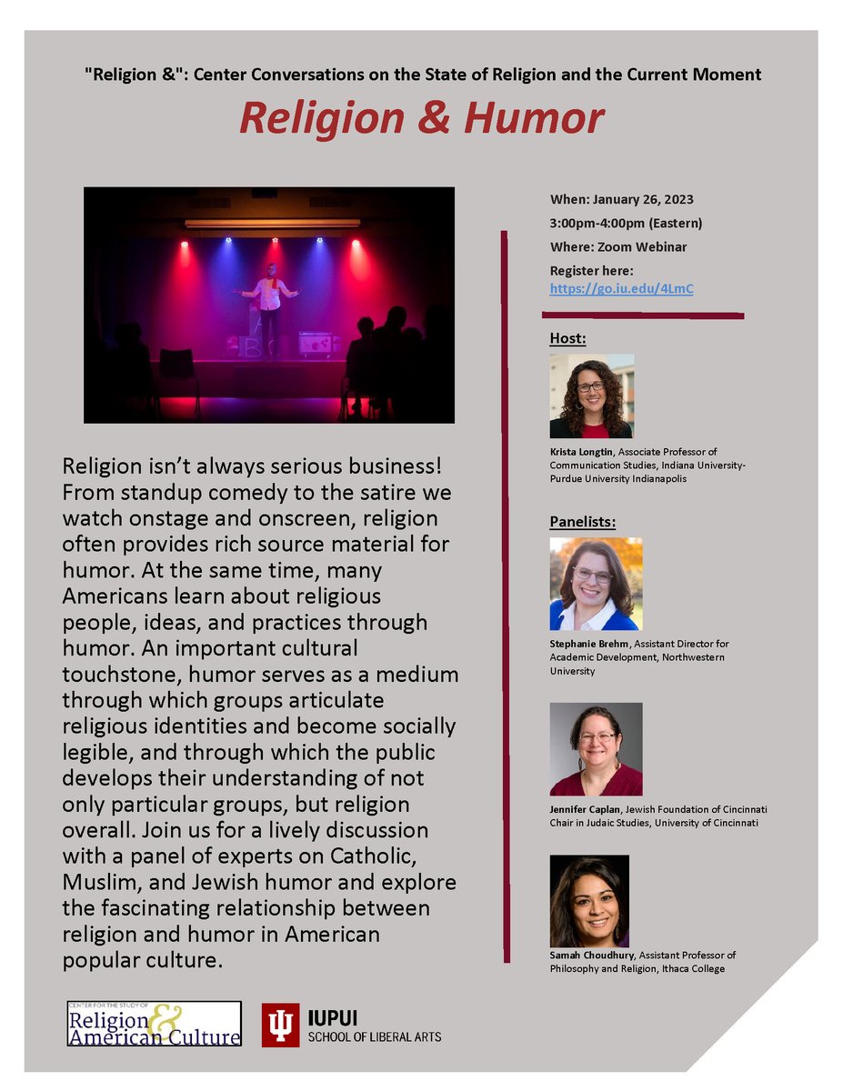 Registration is now open for 'Religion & Humor'! Host @kristalongtin and panelists @stephbrehm1, @jennycaplan, and @SamahChoudhury will explore the relationship between religion and humor in American popular culture. raac.iupui.edu/religion-humor/