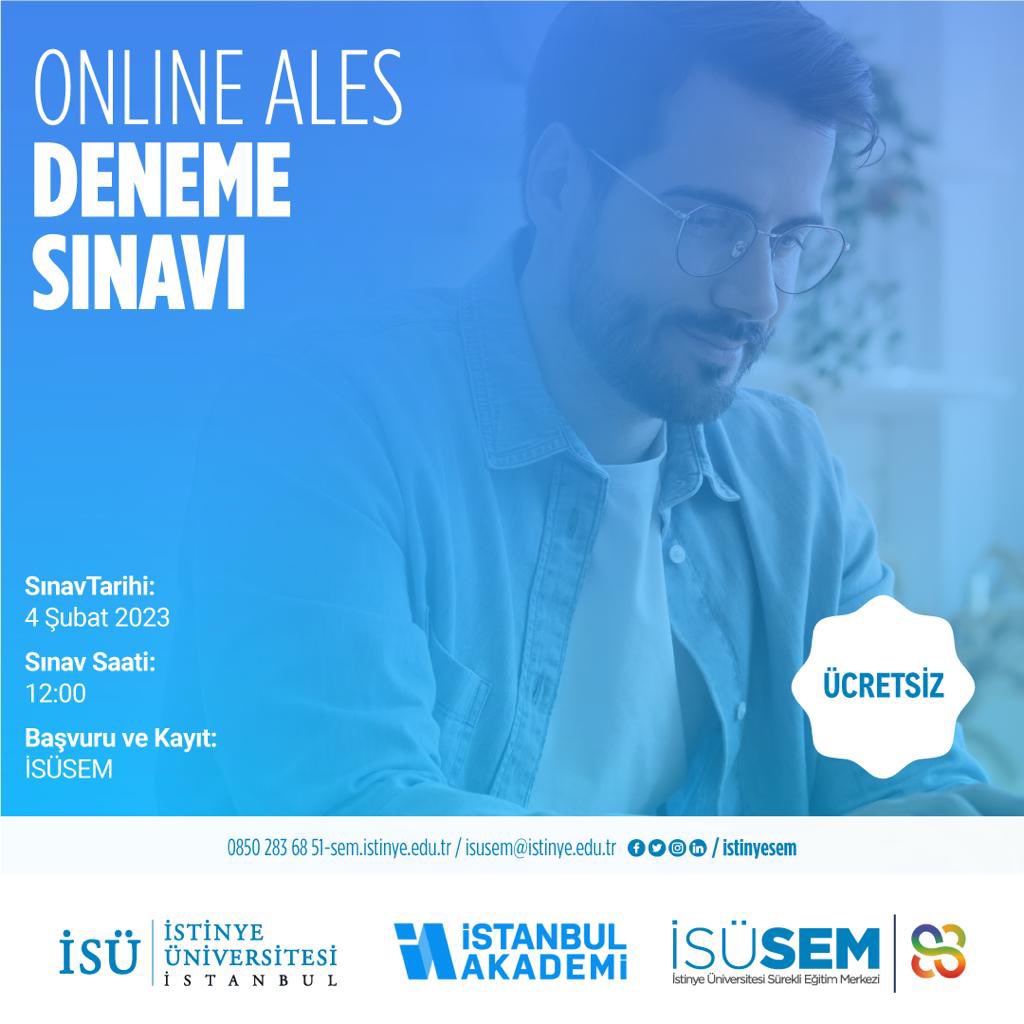 istinyesem's tweet photo. İstanbul Akademi ile birlikte 4 Şubat 2023 saat 12:00’de gerçekleştireceğimiz ücretsiz ONLINE ALES DENEME SINAVINA, Ad-Soyad-Bölüm ve Öğrenci numaranız ile kayıt olmak için ;👇

🌎https://t.co/BGtTv44Hs5
📧 isusem@istinye.edu.tr 
☎️0850 283 6851

#alesdenemesınavı https://t.co/BoKyHLOAeP