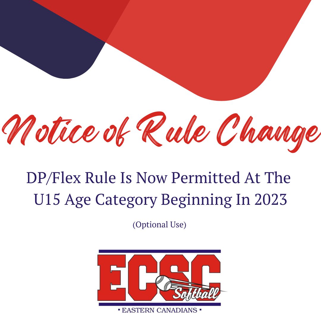 ECSCsoftball's tweet image. The DP/Flex rule is now permitted for the U15 age category at the Eastern Canadian Championships, beginning in 2023.

La règle JD/Flex est maintenant permise pour la catégorie d'âge U15 aux Championnats de l'Est du Canada, à partir de 2023.

easterncanadians.teamapp.com/articles/72125…