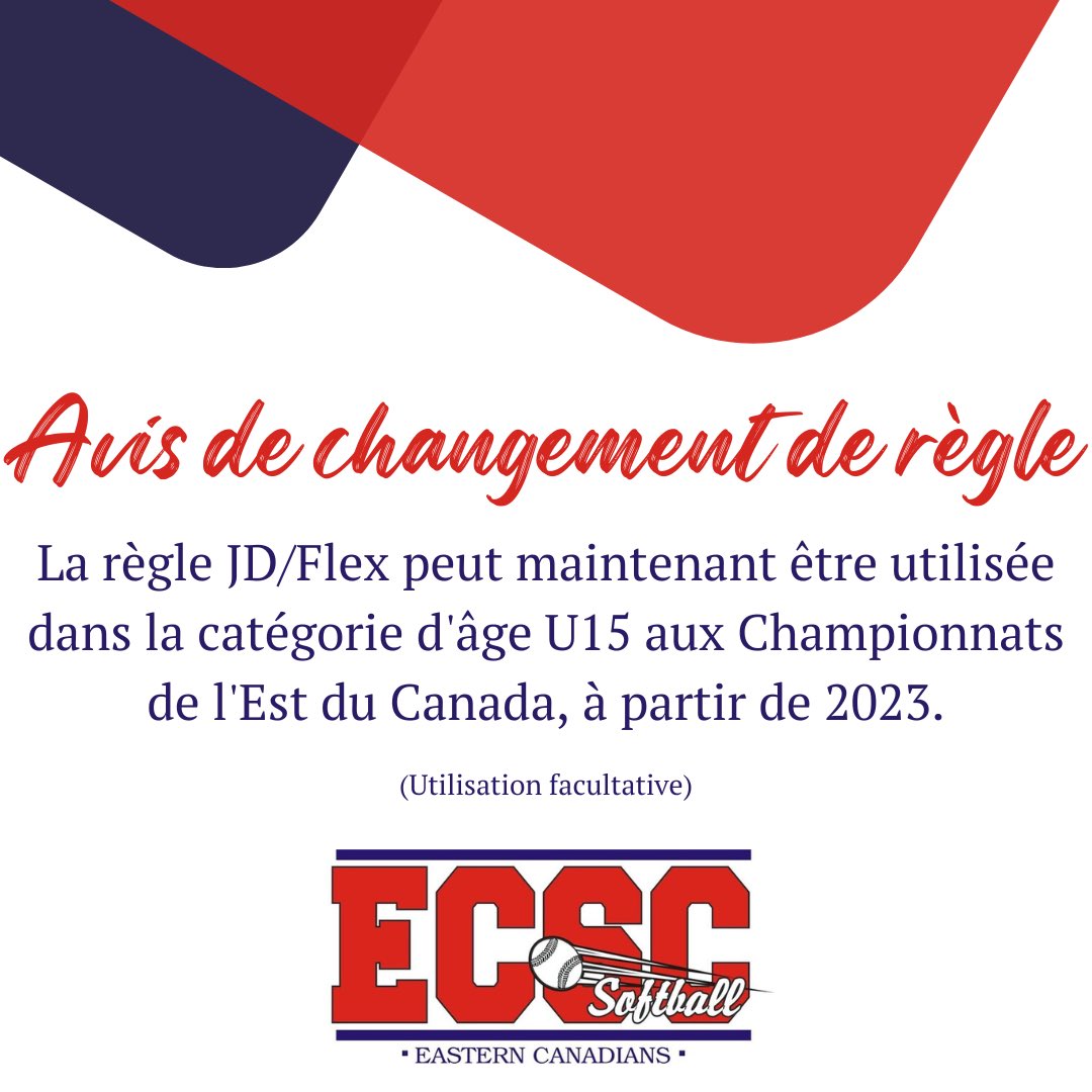 ECSCsoftball's tweet image. The DP/Flex rule is now permitted for the U15 age category at the Eastern Canadian Championships, beginning in 2023.

La règle JD/Flex est maintenant permise pour la catégorie d'âge U15 aux Championnats de l'Est du Canada, à partir de 2023.

easterncanadians.teamapp.com/articles/72125…