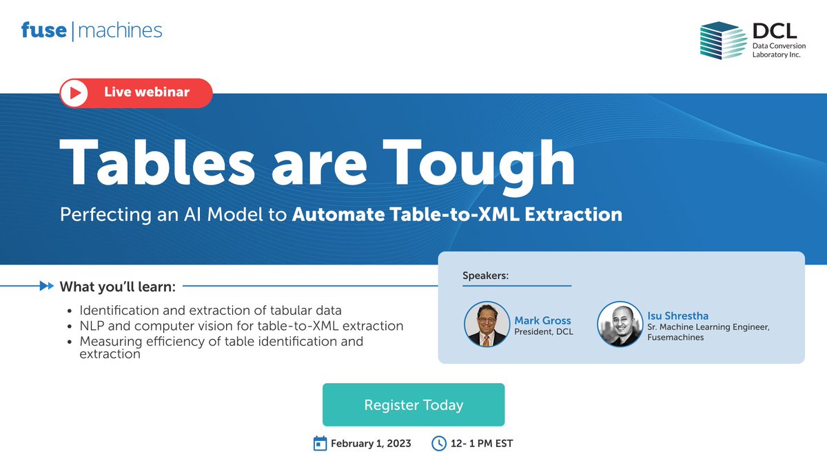 fusemachines's tweet image. Webinar announcement 📢
Join us for a webinar with Data Conversion Laboratory on February 1st to learn about table data extraction, its importance, a new phase with AI and ML advancements, and more. Register today bit.ly/3GSVluq 

#Dataextraction #datawebinar