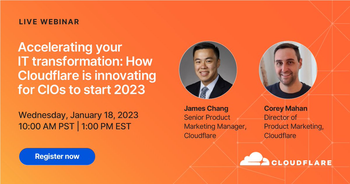 Cloudflare's tweet photo. Tomorrow: Join us for updates from Cloudflare’s 2023 #CIOWeek, dedicated to helping organizations transform networking and security. Register now: https://t.co/Hm0wDBGcPM https://t.co/VYcWjTiWNy