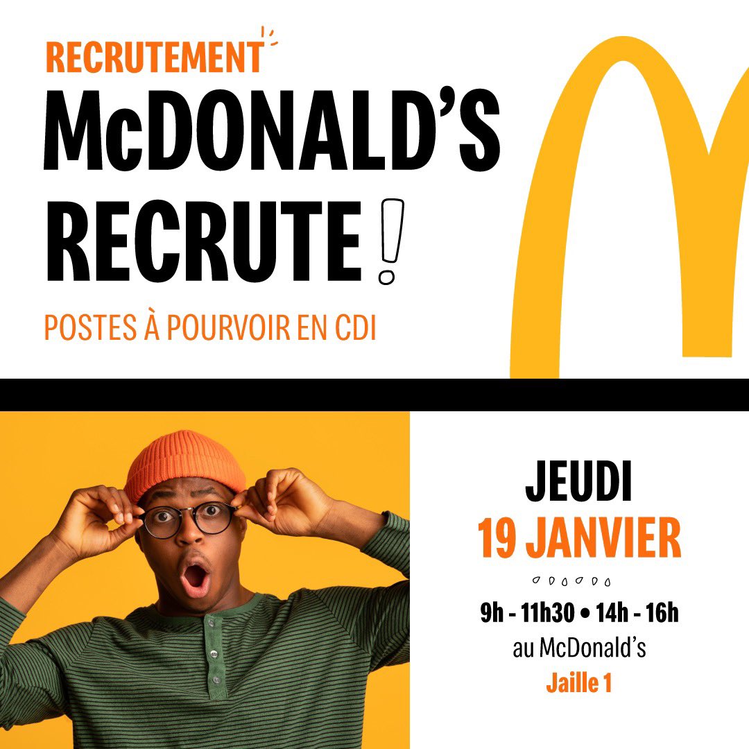 📌Rejoindre la Team McDo, ça te dit ? 👀

Rendez-vous:
📍McDonald's Jaille 1 
🗓️le jeudi 19 janvier 2023 

📩Viens avec ton CV ! #recrutement