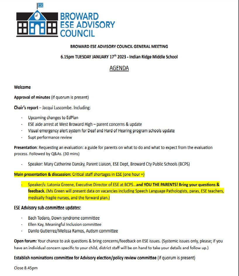 BrowardESEad's tweet photo. Critical shortages in ESE staffing need to be a priority of the Supt &amp; School Board. Join discussion on this tonight Tues Jan 17 at ESE Advisory, 6.15pm prompt, Indian Ridge Middle School, 1355 S.Nob Hill Rd, Davie. Also a presentation on the parent-requested evaluation process https://t.co/Y3YLaIJTlR