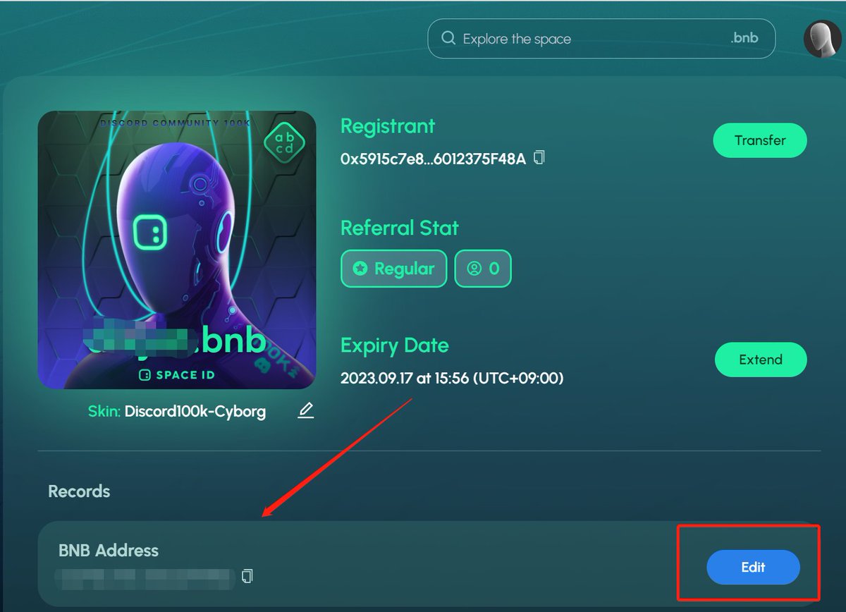 玩SpaceID的小伙伴们，买了之后记得把这个BNB的地址换成自己的，不然你邀请奖励都是别人的