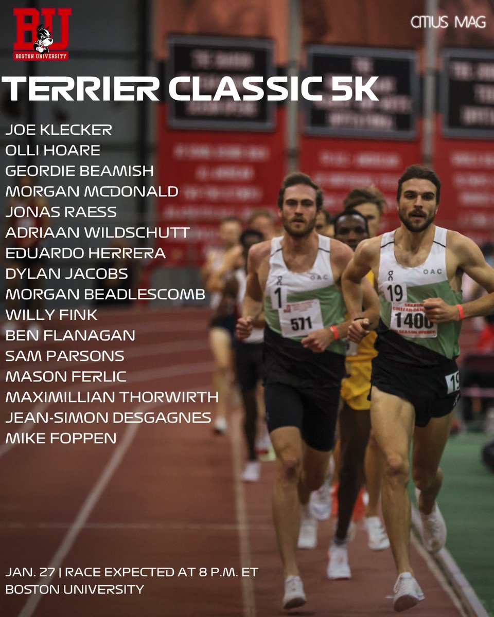 Last time On Athletics Club hit the track at BU, @ollie_hoare97 went 13:09.96 & Geordie Beamish went 13:12.53. They're back on Jan. 27. Field includes: @JoeKlecker @mrgnmcdnld @par_sam_sons @bennyflanagan @morg_bead @masonferlic @max_thorwirth @MikeFoppen @queendesgagnez