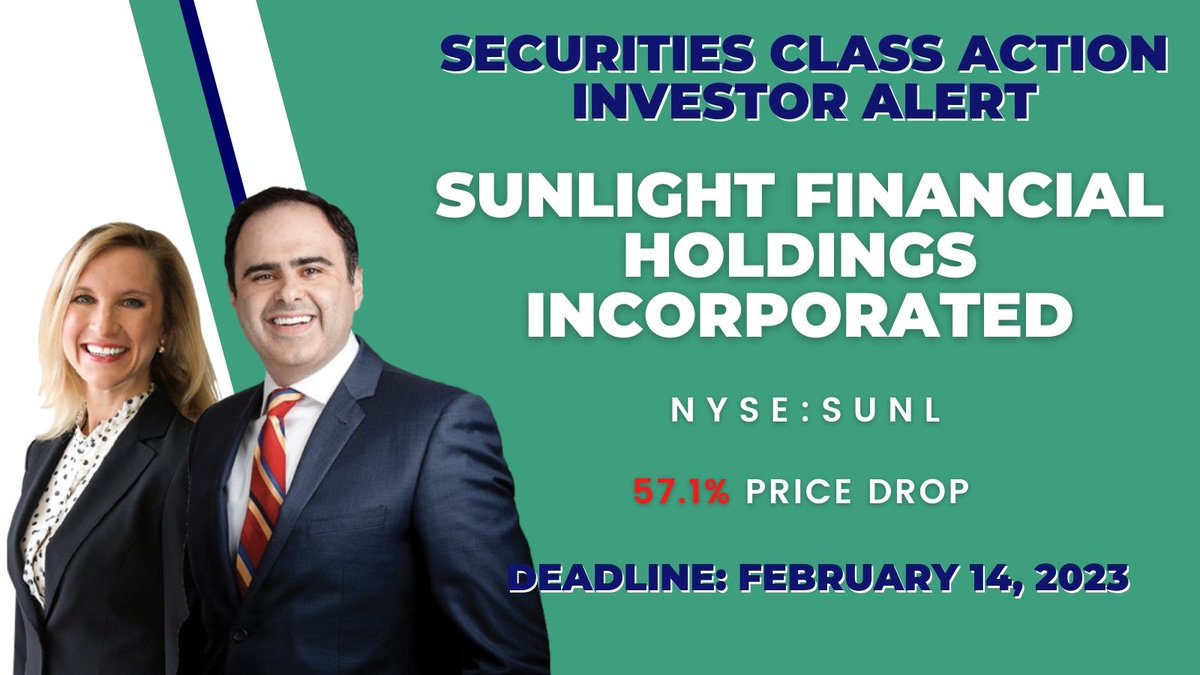MergerAlerts's tweet image. Sunlight Financial Holdings Inc Securities Class Action Lawsuit  $SUNL

Deadline Next Week February 14, 2023, Learn More 👉 bit.ly/SunlightFinanc…

#NASDAQ #NasdaqListed #InvestorAlerts #stocks #stockmarketnews #StocksInNews #NYSE #investing