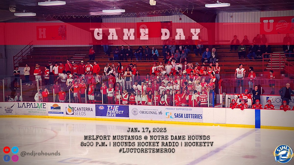📣GameDay: The @NDHoundsHockey have a massive one tonight as the Melfort Mustangs are in town! Puck drops at 8PM and we need EVERY student, staff, fan, and friend available to come on out! #LuctorEtEmergo #NDFamily