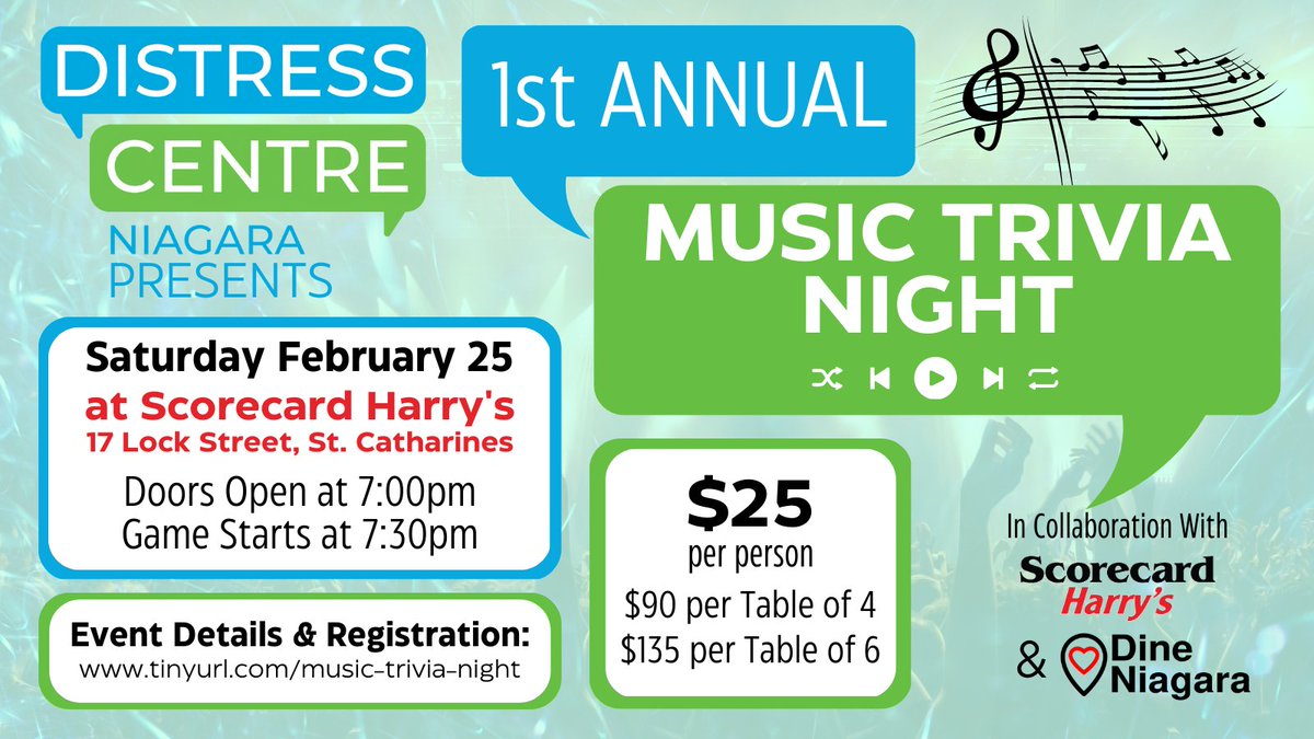 DCNiagara's tweet photo. Join us on Saturday February 25, 2023 for a night of music fun as we host our 1st Annual Music Trivia Night.  Contact dcniagara@distresscentreniagara.com or visit https://t.co/rkR94cNlIp for event details and registration. https://t.co/6aAkGgFSew