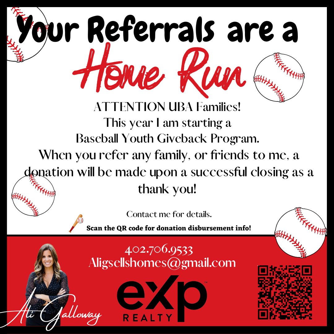 algal2008's tweet photo. Calling UBA Families! I am sooo excited to announce I am starting a Baseball Youth Giveback Program based on your referrals. Contact me for complete details. @ubanebraska @OMAHATIGERS @2029Omaha #tigerfam https://t.co/IcuDRaVYS6