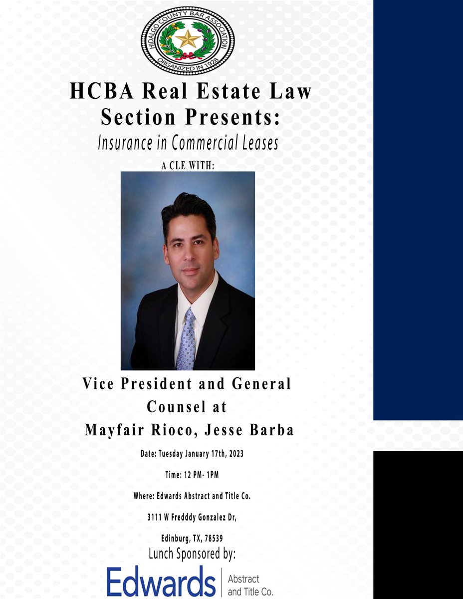 HidalgoCoBar's tweet photo. Today were having another great CLE with Jesse Barba, Vice President, and General Counsel at Mayfair Rioco.

He will be presenting "Insurance in Commercial Leases"

See you there! https://t.co/M6TVLGO5ir