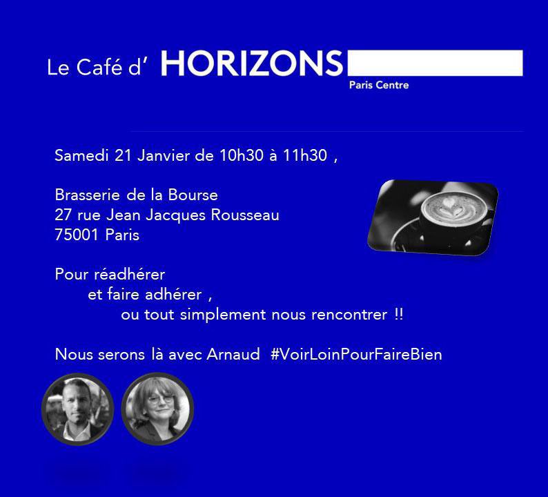☕️ Envie de nous rejoindre ? 
Vous souhaitez mieux connaître Horizons, le parti d’<a href="/EPhilippe_LH/">Edouard Philippe</a> ? 

@figueroa75001 et <a href="/arnauddervaux/">Arnaud</a> vous accueillent à Paris Centre le samedi 21 janvier pour le café mensuel des nouveaux et futurs adhérents !