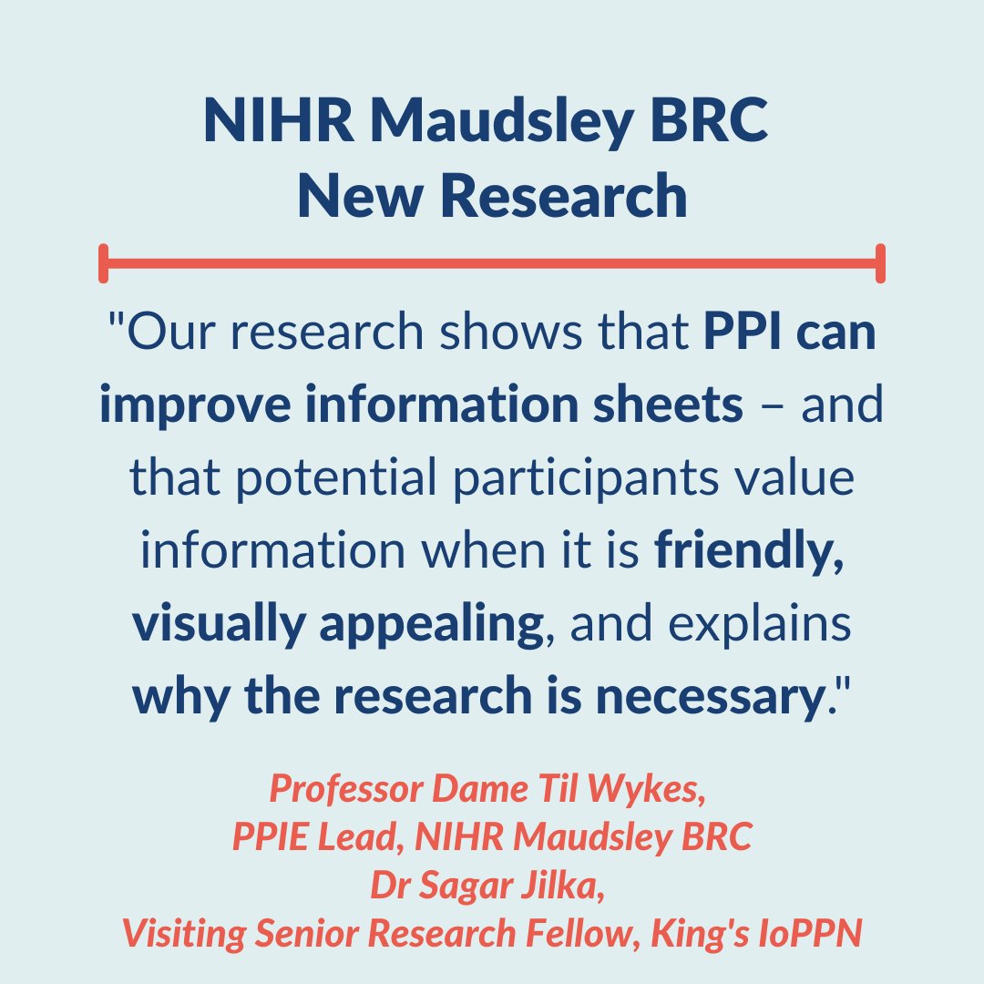 New research looks at the impact of patient involvement on information sheets for study participants: bit.ly/3GEMbBi 

The study was supported by our #PPIE programme, including Professor Dame <a href="/TilWykes/">Professor Dame Til Wykes</a>, Patient and Public Involvement and Engagement, NIHR Maudsley BRC.