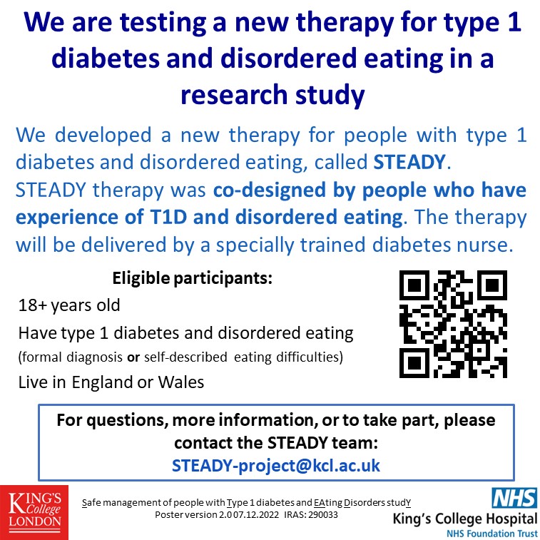 #STEADYT1DE is still recruiting! We're looking for research participants with #T1D &amp; #disorderedeating to help us test the new  STEADY intervention for #T1DE. Disordered eating can include a formal diagnosis or any self-described difficulties with eating, #bodyimage or T1D