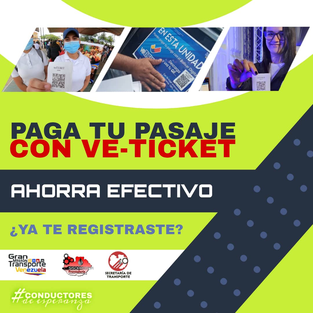 ¿Ya estás registrado en Veticket? Ahorra efectivo y agiliza la entrada a la unidad de Transporte público.
#ConductoresDeEsperanza
#EnCuerpoYAlma
#TransporteGuárico
<a href="/NicolasMaduro/">Nicolás Maduro</a> 
@rvaraguayan 
<a href="/vicetransporte/">VICEMINISTERIO DE TRANSPORTE TERRESTRE</a> 
<a href="/josemvasquez/">José Vásquez</a>