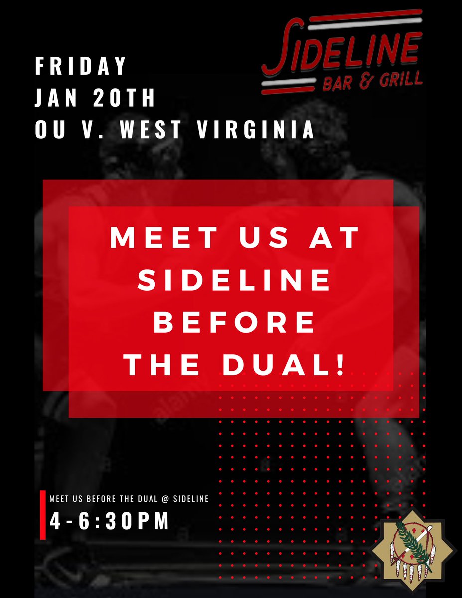 Join us at Sideline Bar &amp; Grill before the Dual 4:00-6:30 pm! We can't wait to see everyone there!!
#OKRTC #SIDELINE #USAWRESTLING #DUAL #NIKEWRESTLING #OUWRESTLING