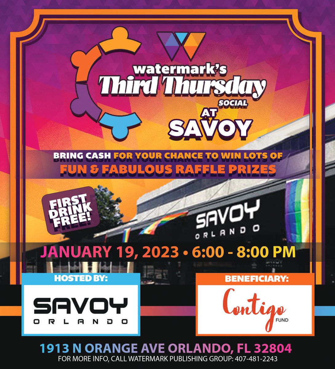 WatermarkOnline's tweet photo. Have you made your plans to join us for Watermark's Third Thursday this week at @SavoyOrlando? Raffles benefit @ContigoFund. Read more and RSVP: https://t.co/GNVQ0Ng5P5 https://t.co/C8lz0OqyWH