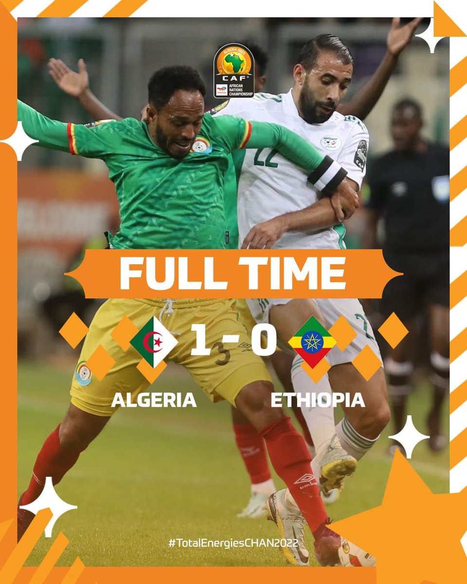 EthioTube's tweet photo. 🇩🇿 አልጄሪያ 1-0  ኢትዮጵያ 🇪🇹

ይህንን ውጤት ተከትሎ አልጄሪያ በስድስት ነጥብ ከምድብ A ወደ ሚቀጥለው ዙር ማለፋቸውን ያረጋገጡ ሲሆን፣ ዋሊያዋቹ ከሊቢያ ገጋ ጨዋታ እየቀራቸው በአንድ ነጥብ በምድቡ በሶስተኛነት ይገኛሉ። 

#CHAN2022 | #ALGETH https://t.co/a2Wy8CmFBv