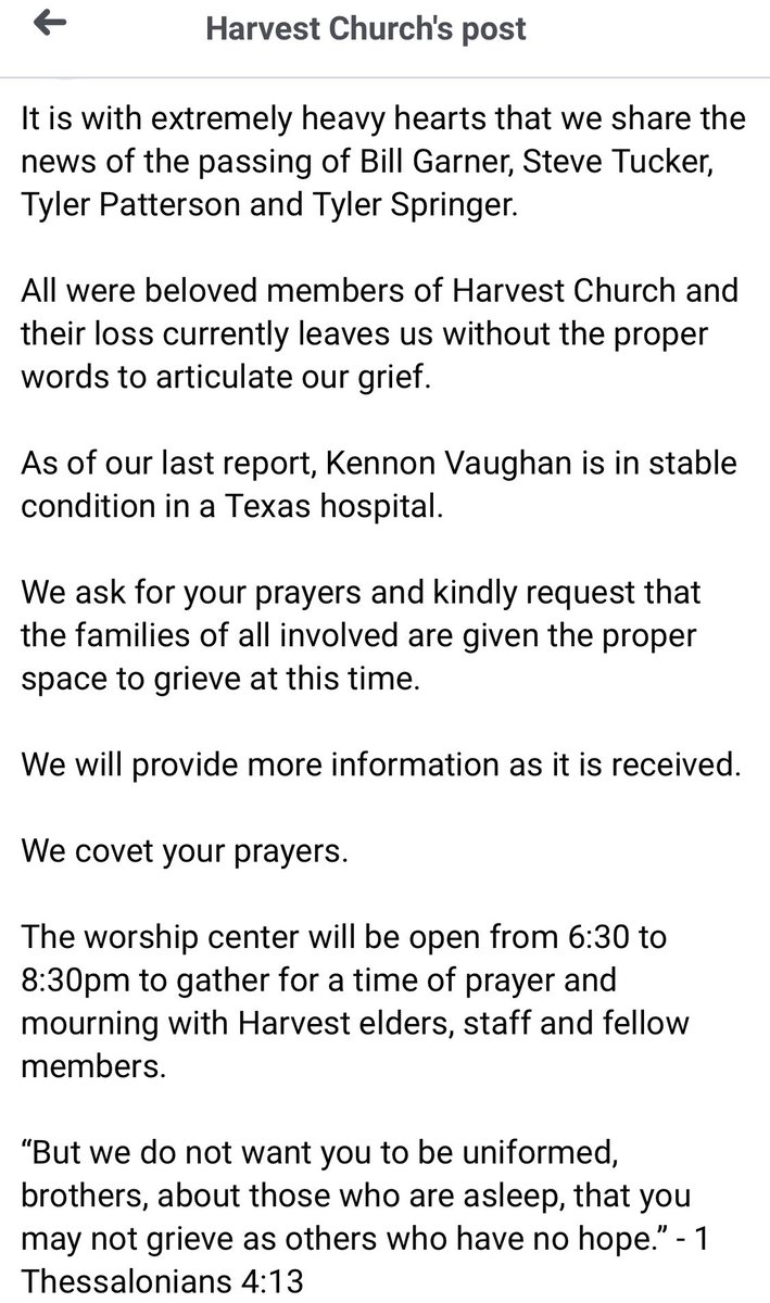 MemphoNewsLady's tweet photo. #BREAKING: Harvest Church in Germantown confirmed 4 church leaders were killed in a place crash today in Texas.

Pastor Kennon Vaughan was the lone survivor. 

Prayers to the Harvest Church family.🙏🏻

https://t.co/G08kkXnkkb https://t.co/vKdVvt2usr