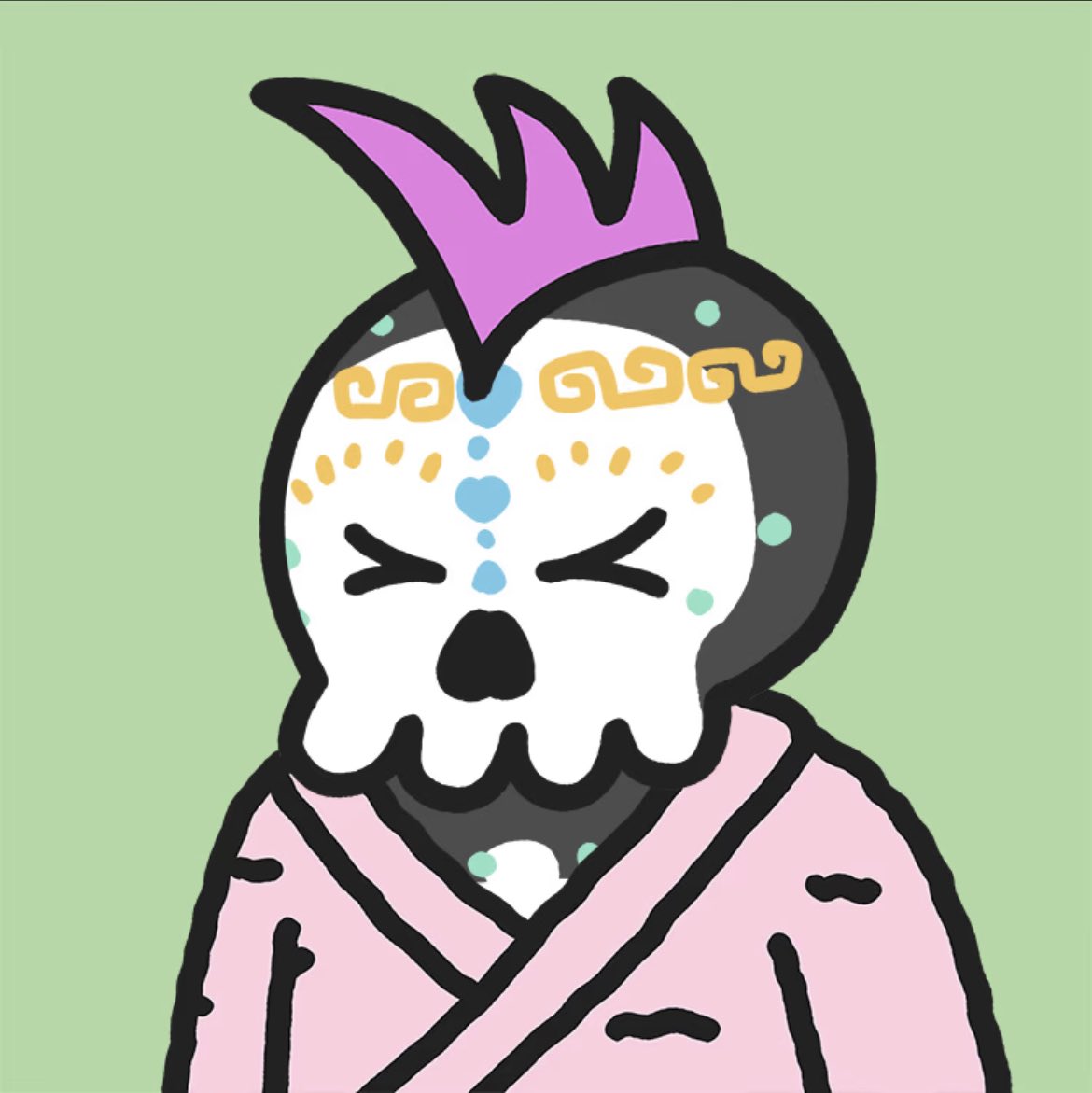 theatrix_nft's tweet photo. @metallionaire @CryptoMories Pink bathrobe + Punk hair + painted skeleton https://t.co/z4okjbeUuB