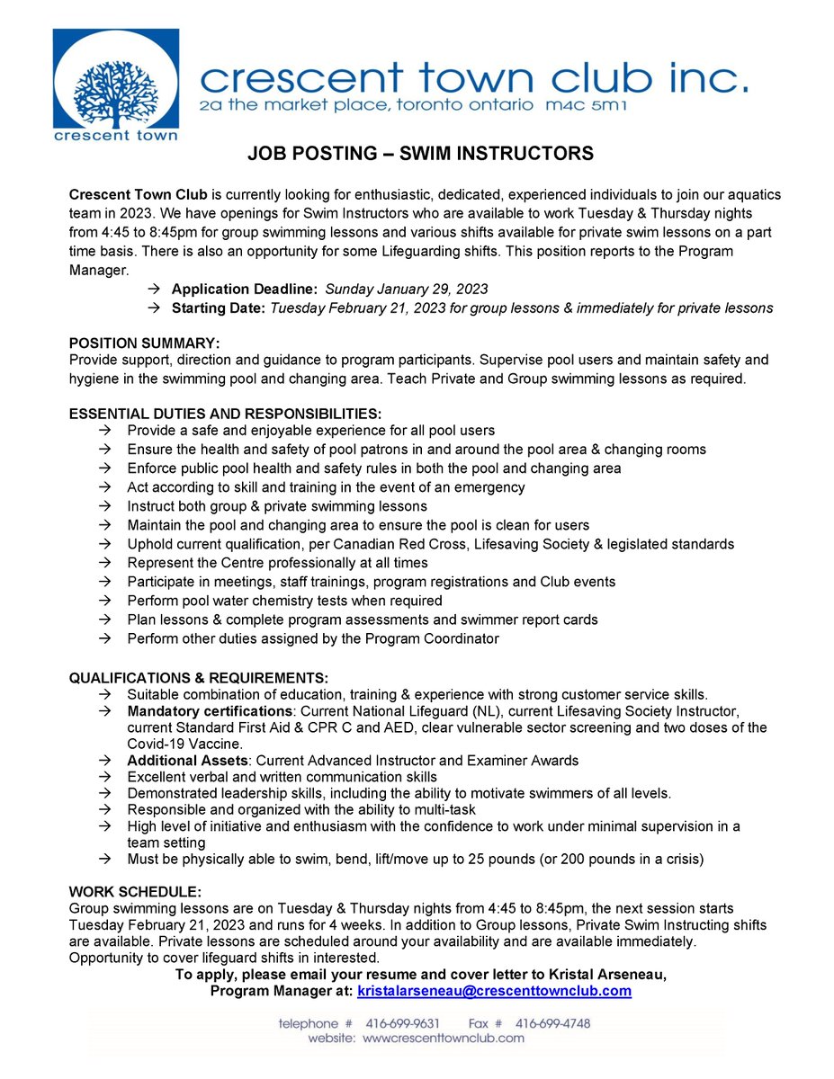 CrescentTownCC's tweet photo. JOB OPPORTUNITY!! Crescent Town Club is hiring swim instructors to teach our group swimming lessons &amp; private swimming lessons. Deadline to apply is Sunday January 29, 2023. #swiminstructor #swimminginstructor #EastYork #lifeskill #jobopportunity https://t.co/3qlB6ufNOb