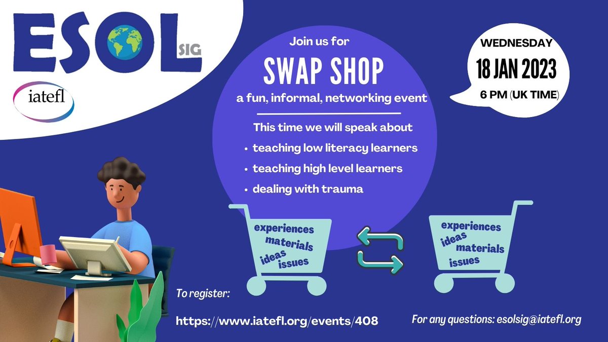 Tomorrow's #webinar will be our annual Swap Shop. The topics we will discuss this year are low-level learners, dealing with trauma, and high-level learners. For more details and how to register, please click on the following link: iatefl.org/events/408?fbc…