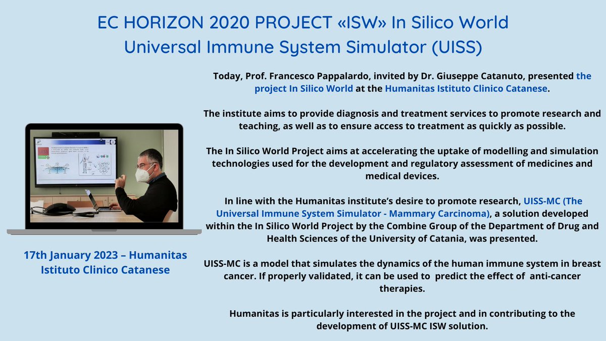 COMBINE_Group's tweet photo. The @COMBINE_Group presented to the doctors of the Humanitas Institute the ISW project and the UISS-MC simulator.
@InSilicoWorld @DsfsUnict @unict_it
#insilico #insilicotrials #insilicomedicine #combinegroup #unict #DSFS #ISW https://t.co/kPCYpRFsR8