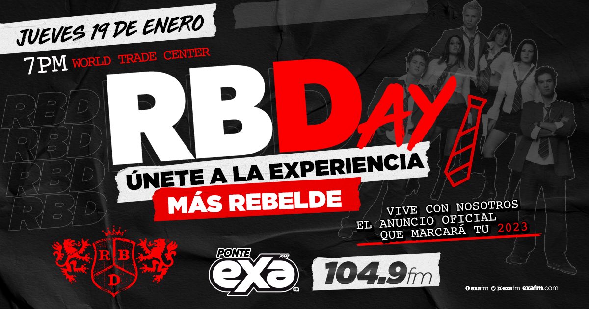 ExaFM's tweet photo. ¡Vive con nosotros una gran experiencia este jueves 19 de enero! Mantente al pendiente del 104.9 FM y no te pierdas el #RBDay 🎸🎶 Te lo contamos con @anahidelamora en #AnahíEnExa ❤️🔥 En el 104.9 FM 📻
📲 https://t.co/N9FMUnZkn1 https://t.co/pk5OYo8CQD