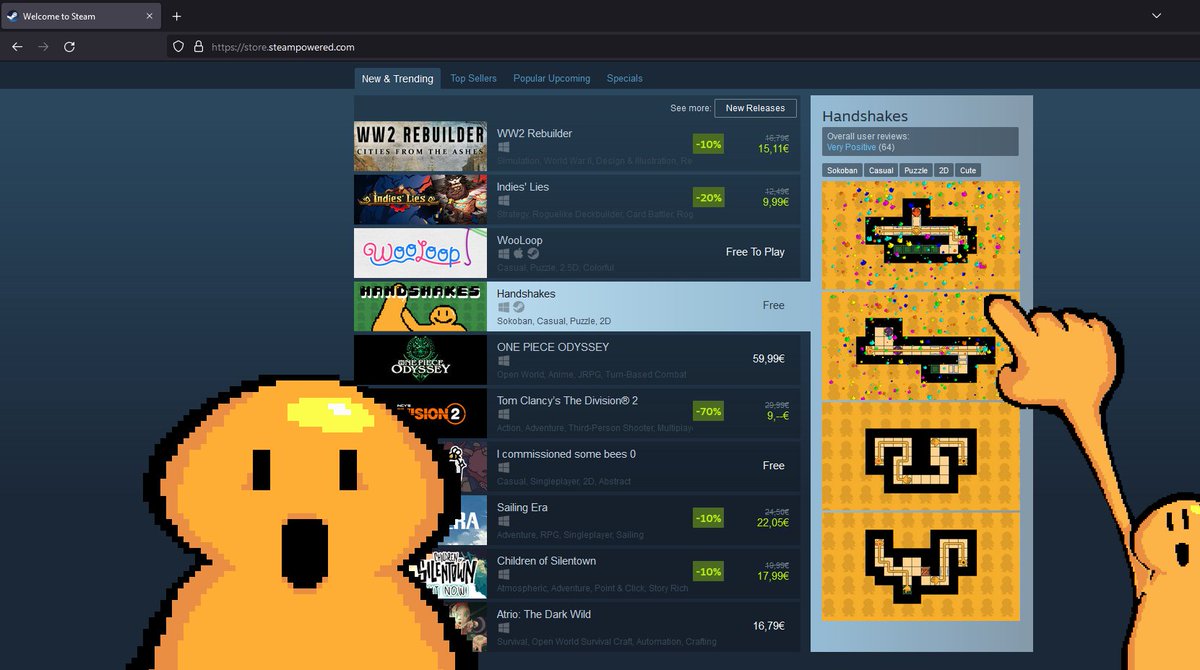 So wild to see our game Handshakes on the front page of steam! Never thought it would end up there, big thanks to everyone who gave it a play 🤝🤝🤝🫶🫶🫶
