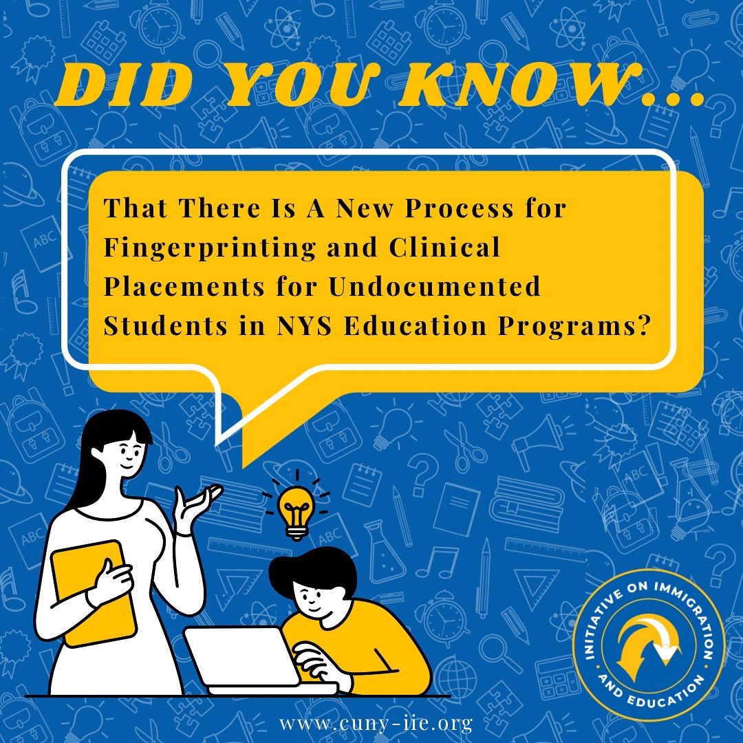 cuny_iie's tweet photo. 🚨NYSED has updated its policy on fingerprinting and student teaching for undocumented students! Undocumented students without a SSN can student teach in certain schools and also receive initial certification! 
Check out https://t.co/bkflsOAukB for more details on this update. https://t.co/OkouCe5rfG