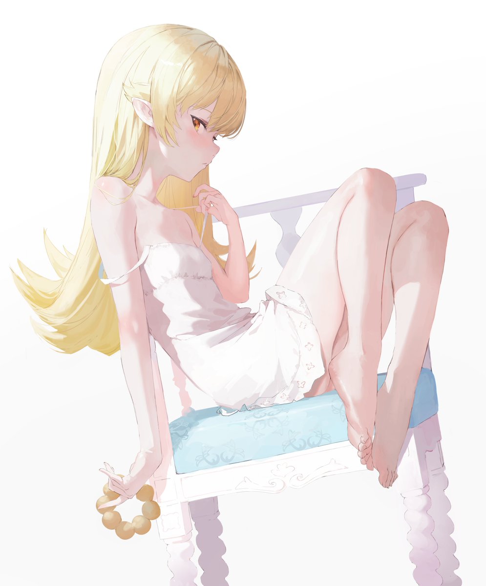 1girl bangs bare legs bare shoulders barefoot blonde hair blush  illustration images