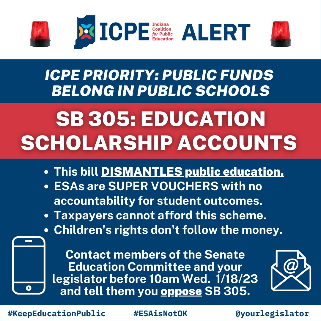 IC4PE's tweet photo. 🚨ALL HANDS ON DECK! ☑ DO NOW
The Senate is throwing the big one at public education in the first education committee meeting TOMORROW. Read the most recent Vic's Statehouse Notes for your call to action. #ESAisNotOK #INLegis 
https://t.co/GySfgSbBHP https://t.co/eNJCfJ6VyC