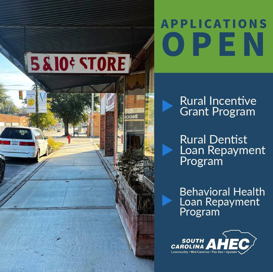 .<a href="/SCarolinaAHEC/">South Carolina AHEC</a> Recruitment and Retention Programs provide financial incentives to healthcare professionals who practice in rural and underserved areas.

To find if out if you're eligible and to apply, visit scahec.net/recruitment.