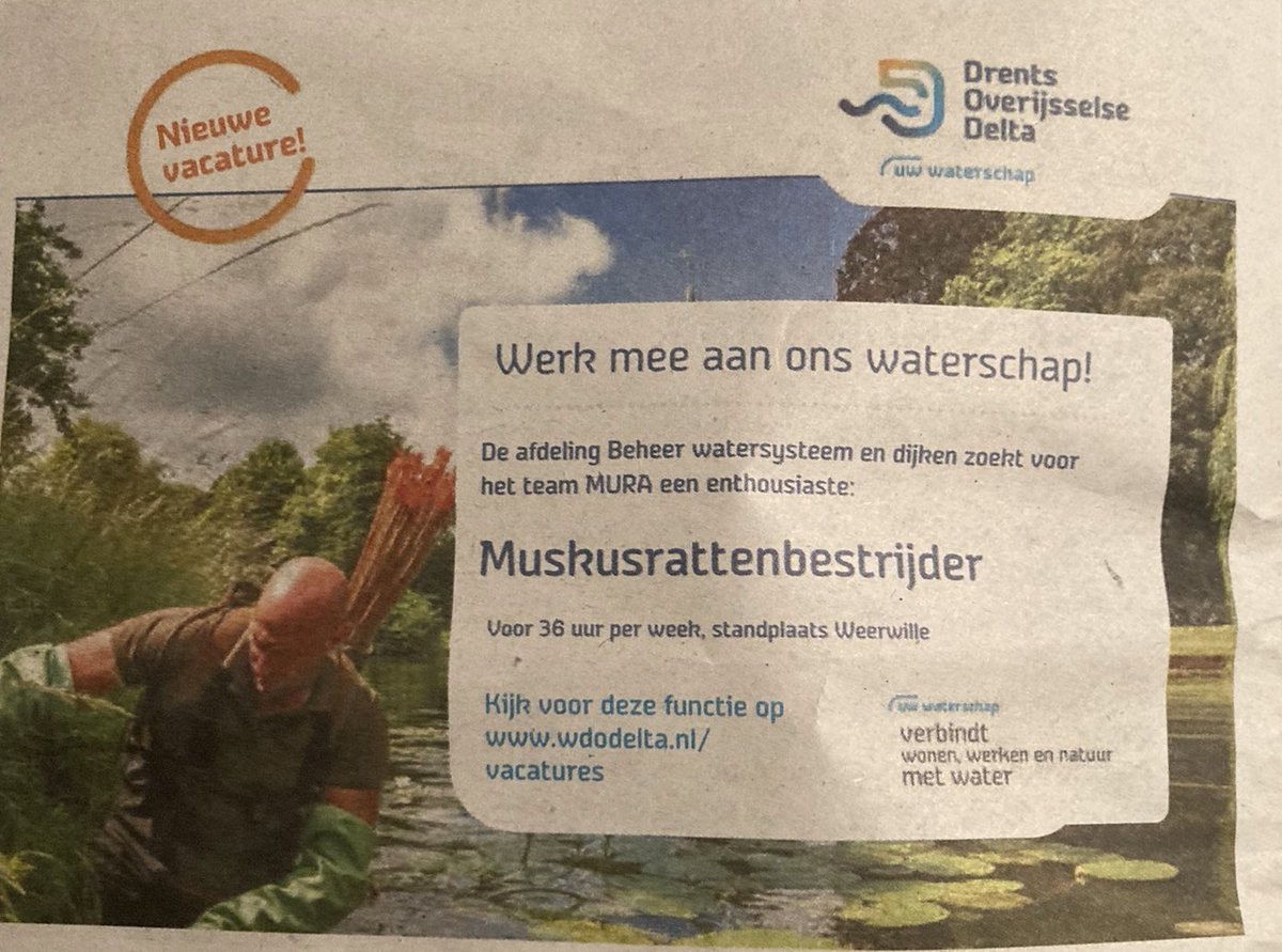 wilfred_meijer's tweet photo. We hebben een mooie #vacature #muskusrattenbestrijder bij @WDODelta #topbaan #topcollega’s https://t.co/ByCXXgYzja