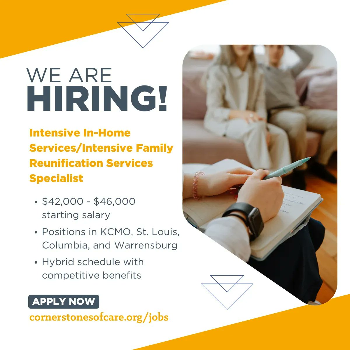 OurCornerstones's tweet photo. Are you looking to make a difference in the lives of children and families in 2023?

Take advantage of our upgraded compensation package and apply to be an Intensive In-Home Services/Intensive Family Reunion Services Specialist today!

Apply today at https://t.co/f22axBQLdM https://t.co/BIhaiZ6k2m
